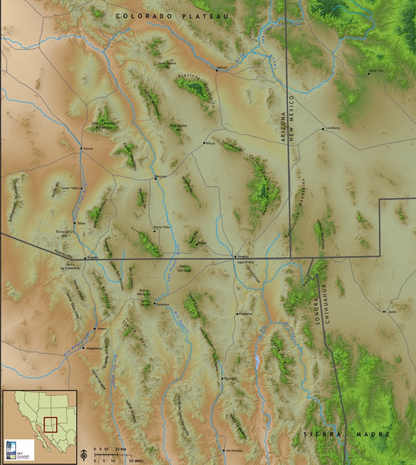 A map of the Sky Island region. It's brown, showing low elevation, but the map is dotted with mountain ranges that are green, showing higher elevations.